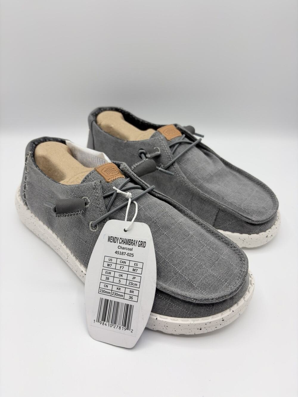 Hey Dude Wendy Chambray Grid Loafers Shoes Slip-On 45187-025 Charcoal NWT Sz 7